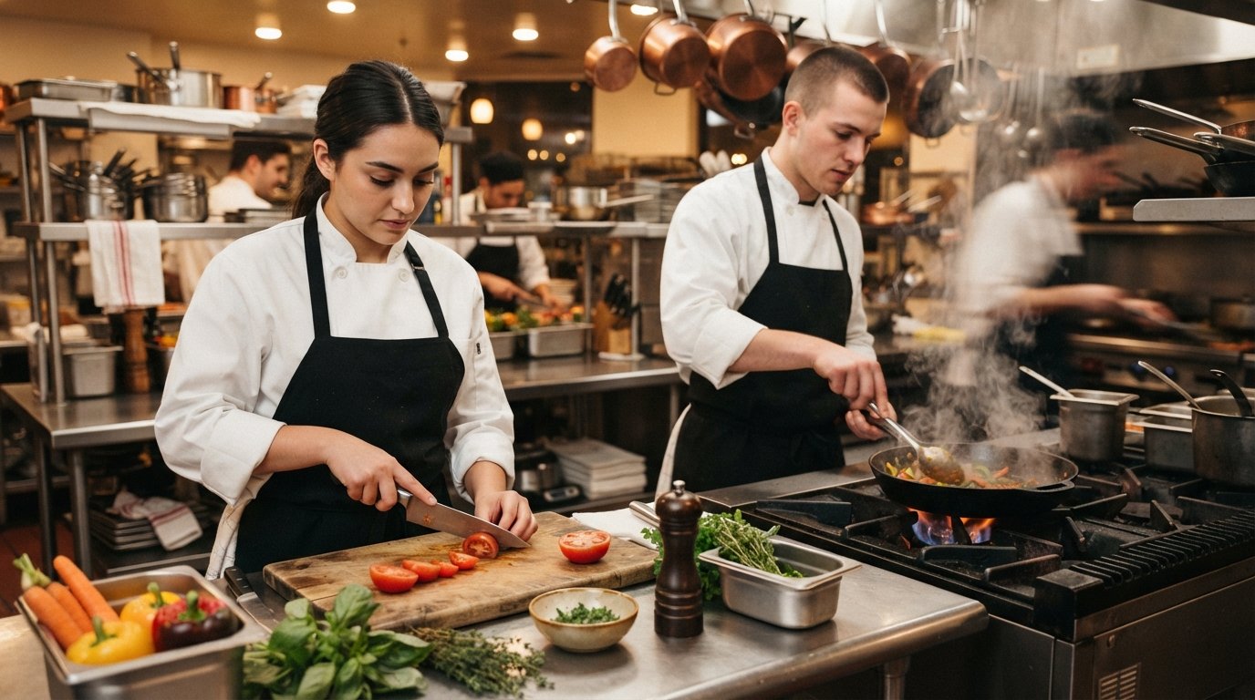 Two culinary students in white chef coats and black aprons work at a stainless steel prep station, one slicing vegetables…