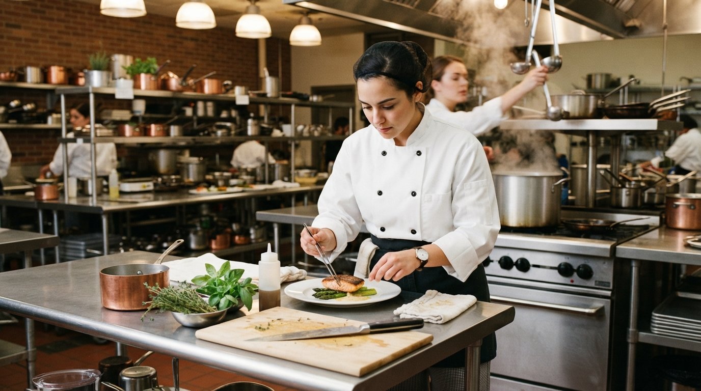 A culinary arts student in a white chef jacket and checkered pants plates a seared dish on a stainless steel workbench in a…