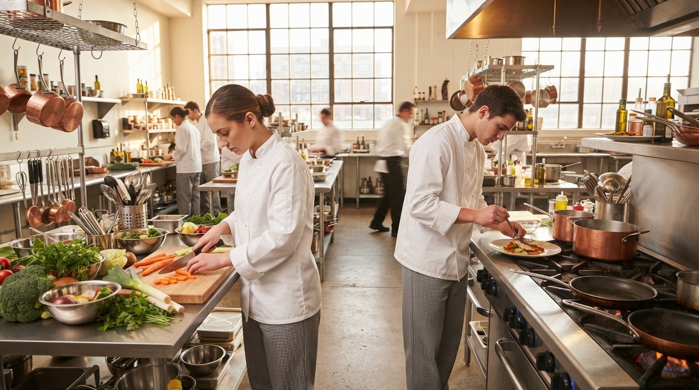 Culinary students in white chef coats and checkered pants practice knife cuts and plate dishes in a bright teaching kitchen…