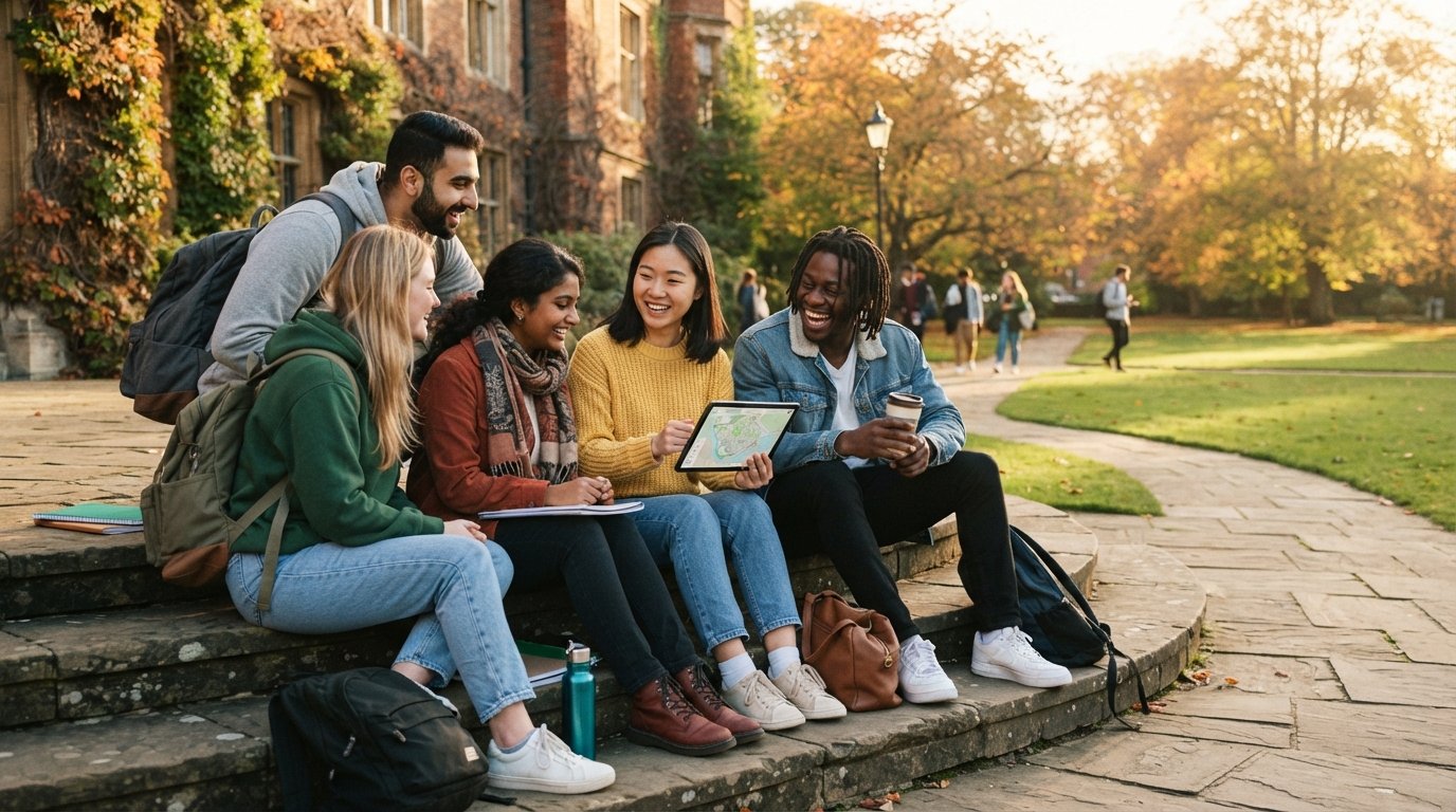 Diverse students sit on stone steps outside a brick university building, one showing a tablet map to a classmate in a…