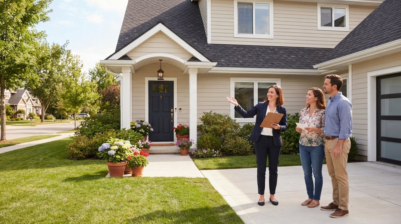 Real estate agent with clipboard beside a couple on a driveway, gesturing toward a suburban home with a dark navy front…
