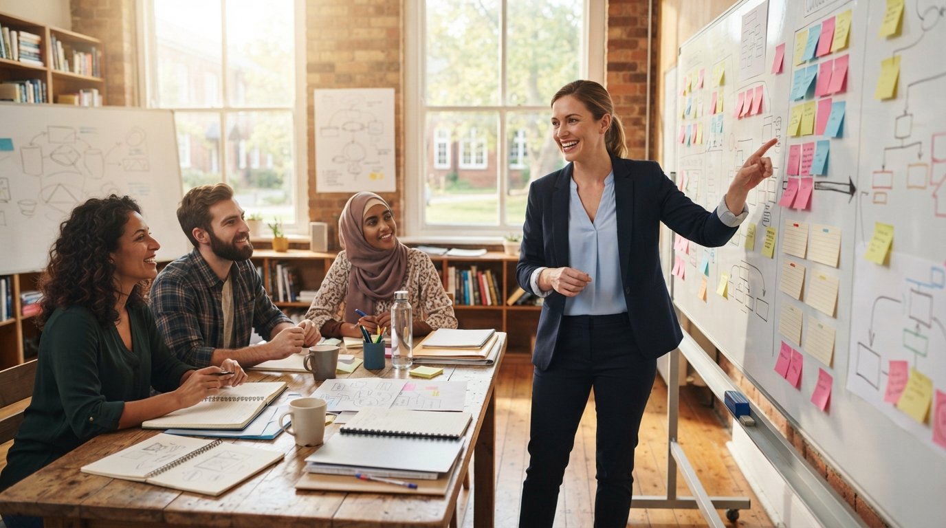 Teacher in navy blazer presents curriculum charts and sticky notes to three educators seated around a table in a sunlit…