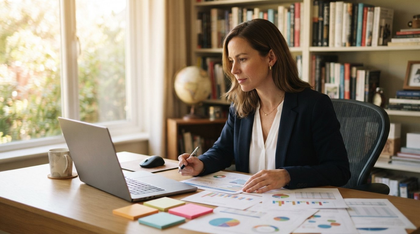 Educator in a navy blazer reviews printed curriculum charts beside a laptop at a home desk with sticky notes and a coffee mug