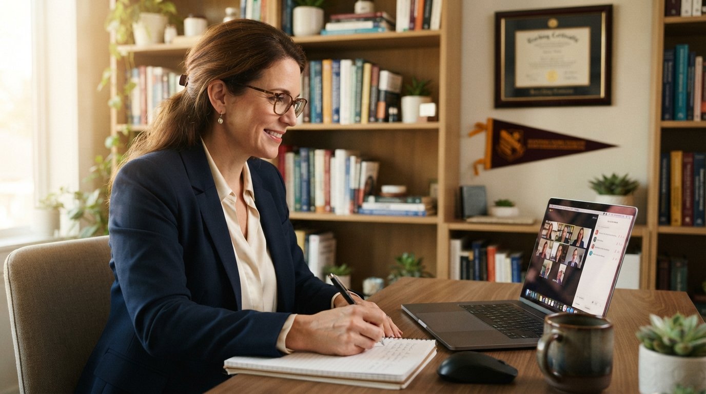 Female educator in navy blazer and glasses takes notes at a home desk with a laptop, notebook, and coffee mug, education…