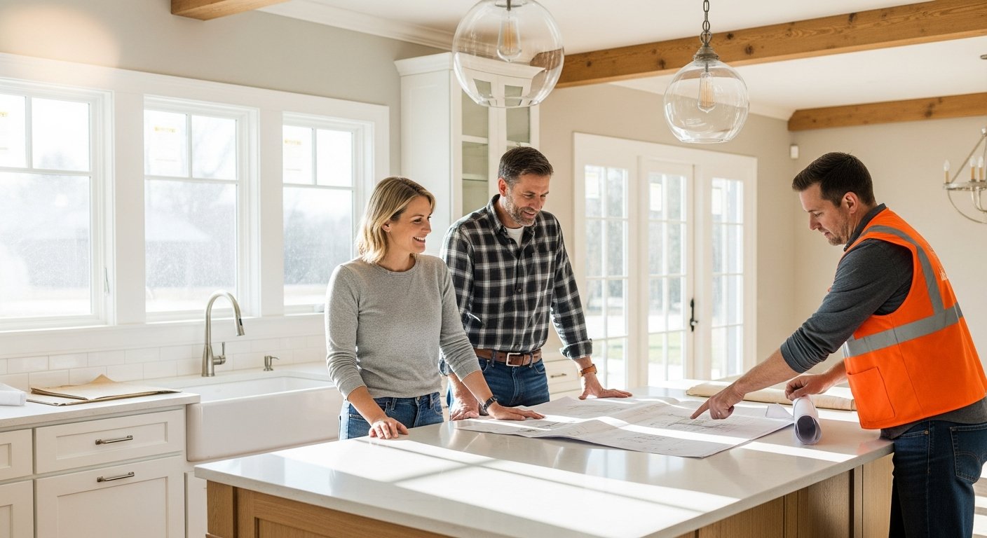 Smiling couple in their 40s reviewing renovation blueprints with a contractor at a quartz waterfall island in a bright,…