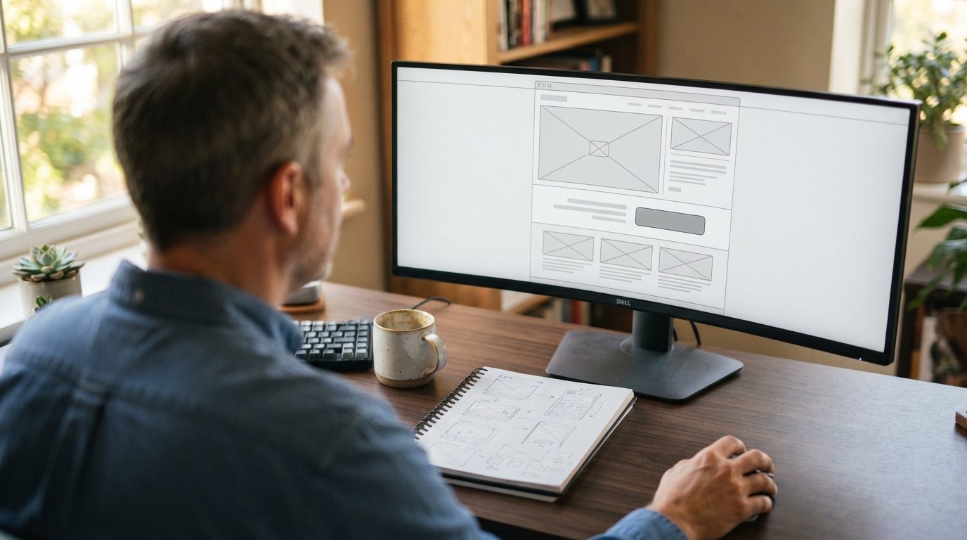 Designer in blue shirt reviewing a landing page wireframe with call-to-action on a desktop monitor beside sketched notes…