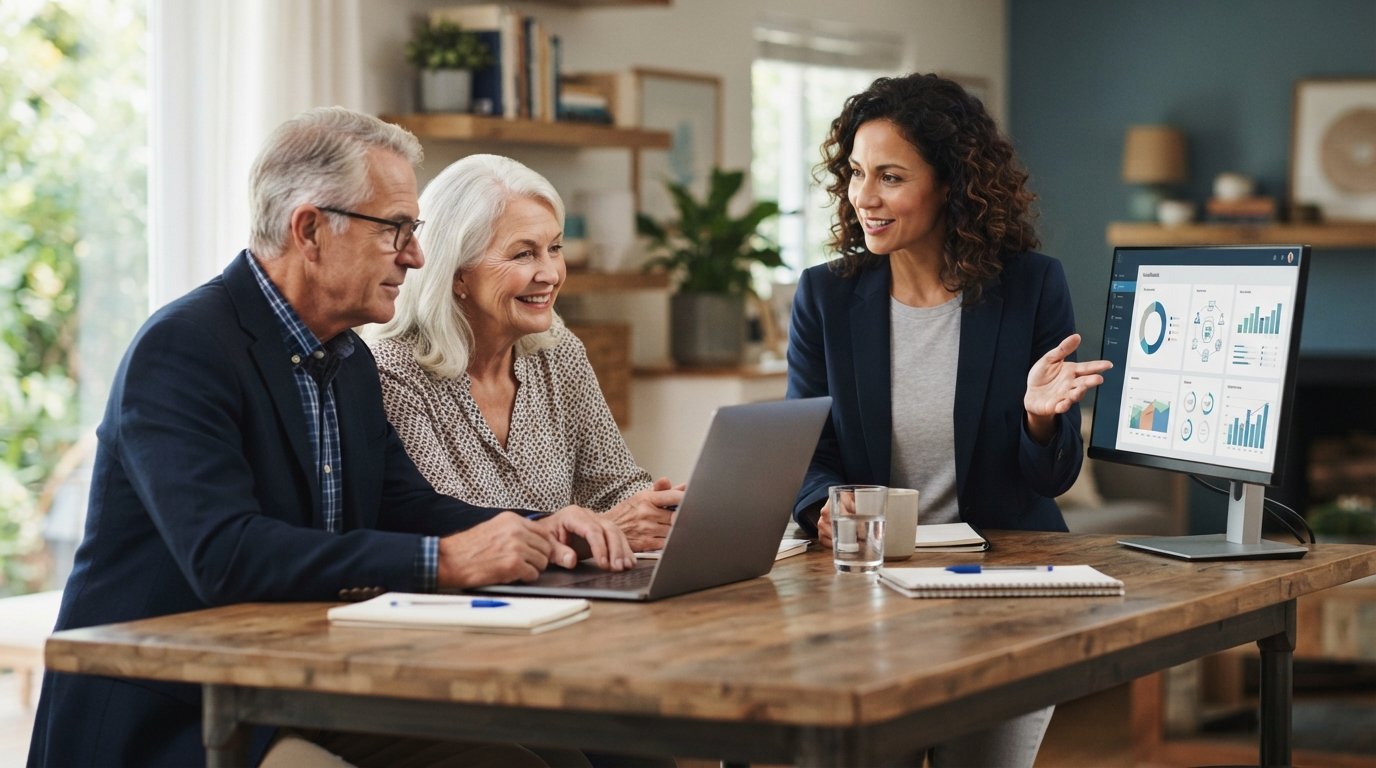 Senior couple at a kitchen table reviewing Medicare plan options on a laptop while a licensed agent gestures toward a…