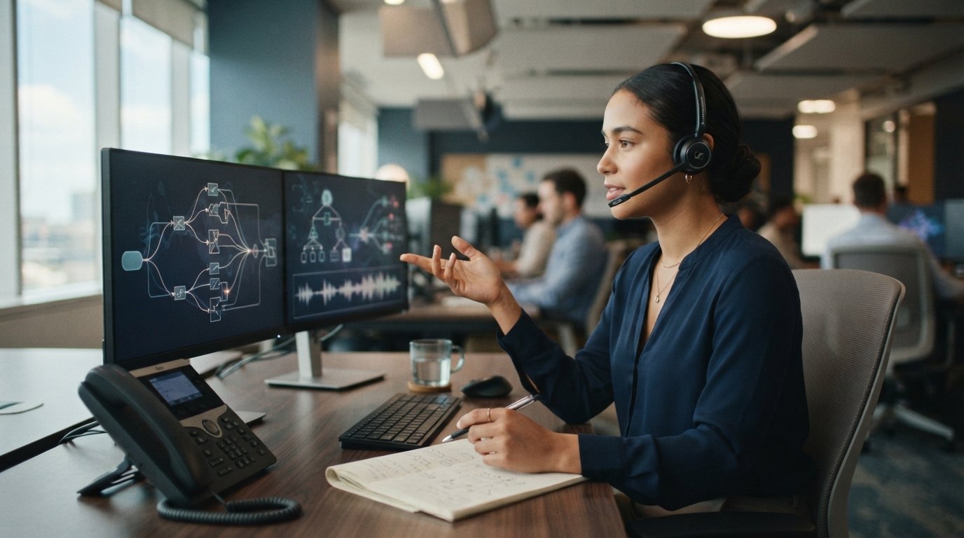 Customer service representative with a headset at a dual-monitor desk, reviewing branching call flow diagrams and waveform…
