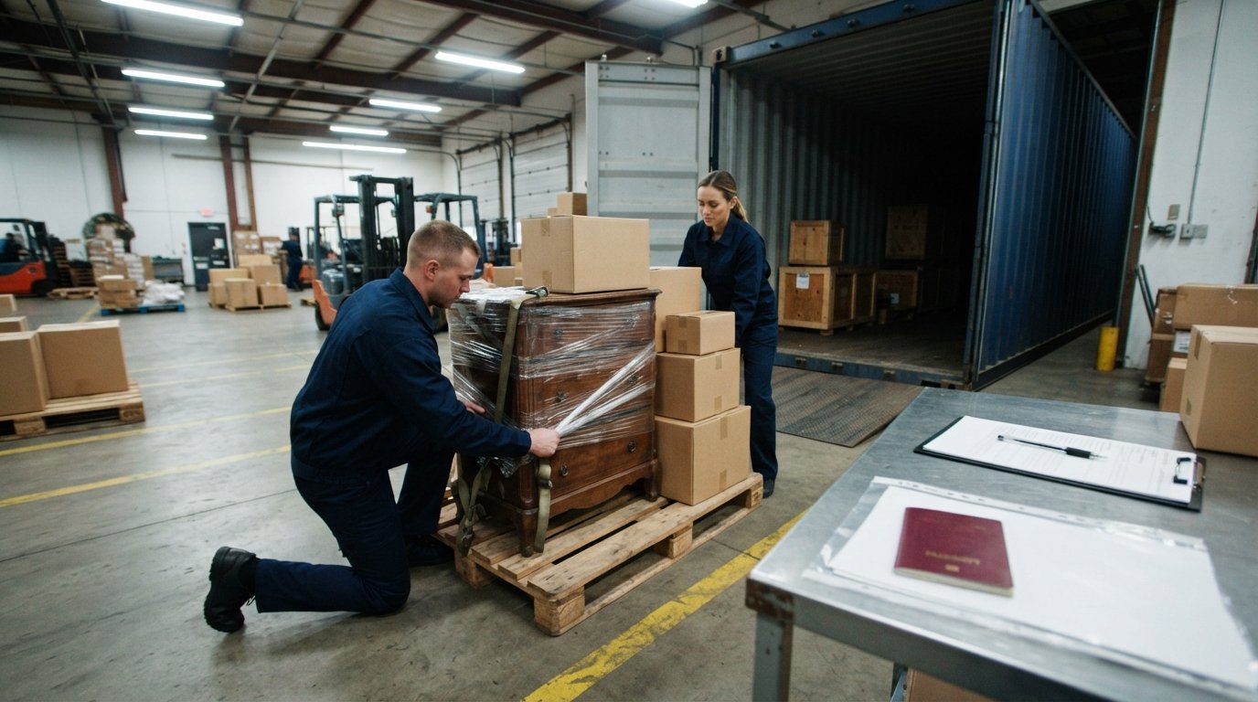 Two movers secure a wrapped wooden dresser and boxes onto a pallet in a warehouse, with a customs declaration clipboard…