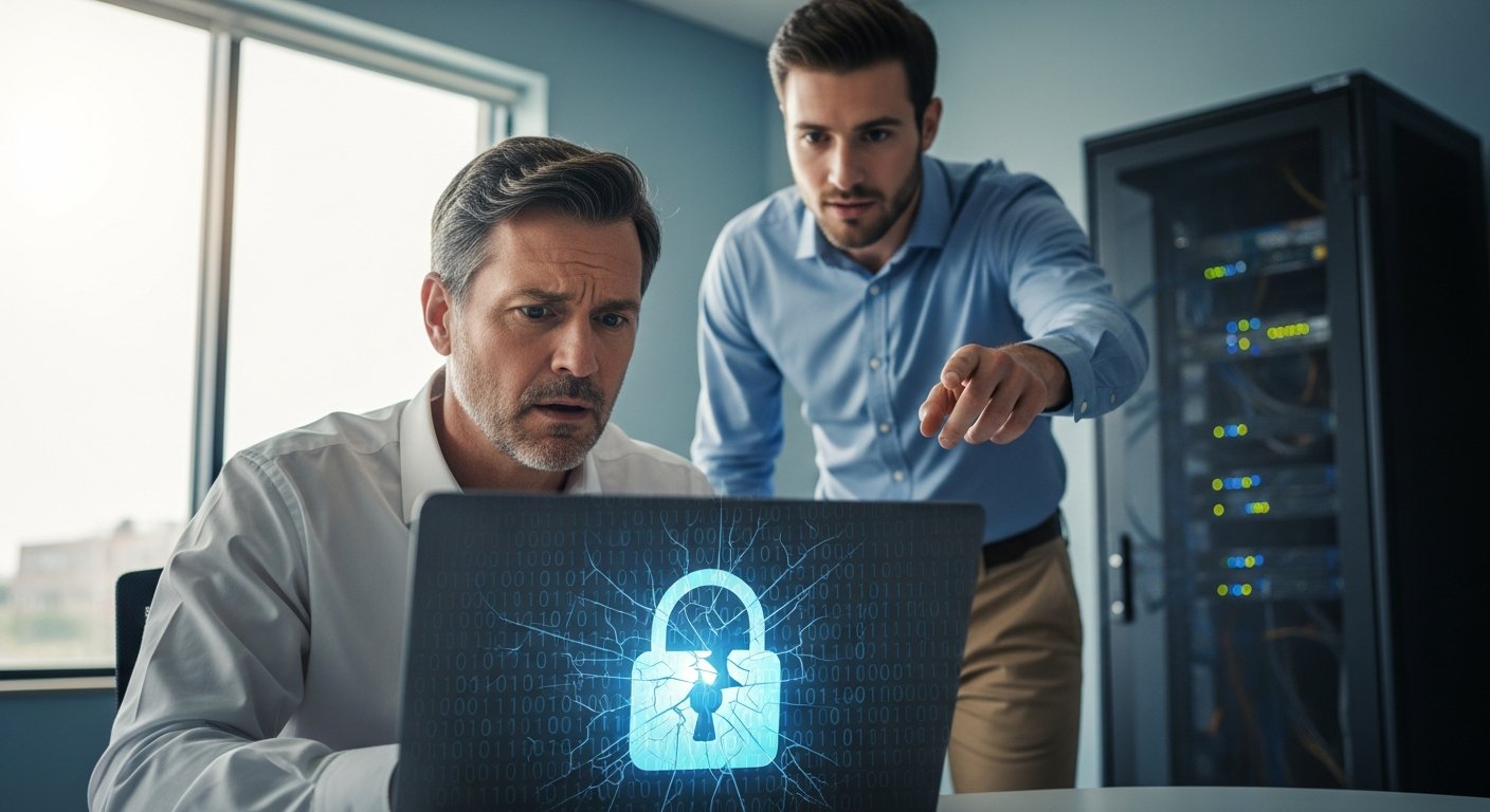 Small business owner in a Texas office looks at a laptop showing a cracked lock icon while a technician points to a server…