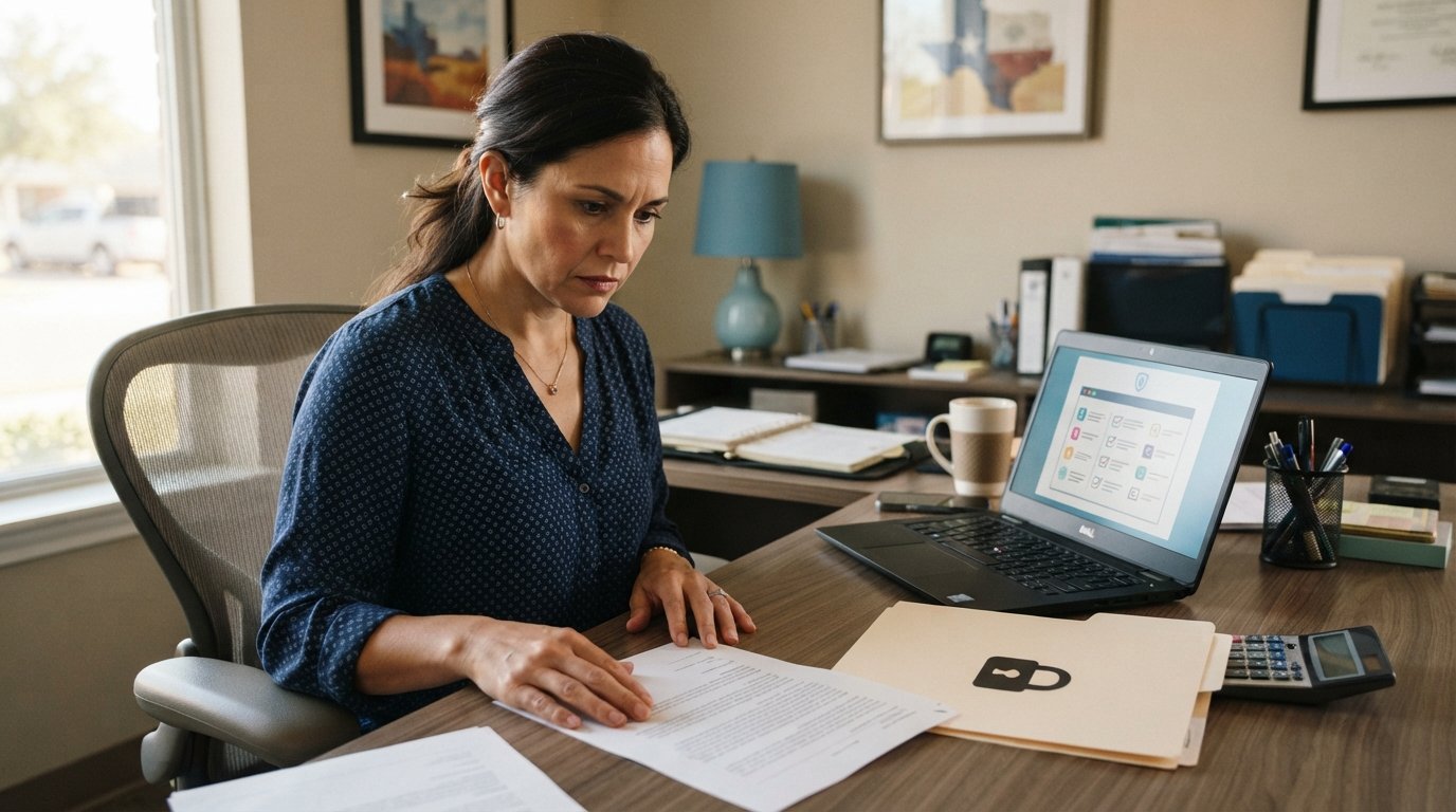 Business owner at a desk comparing a printed breach notification letter with a compliance checklist on a laptop beside a…