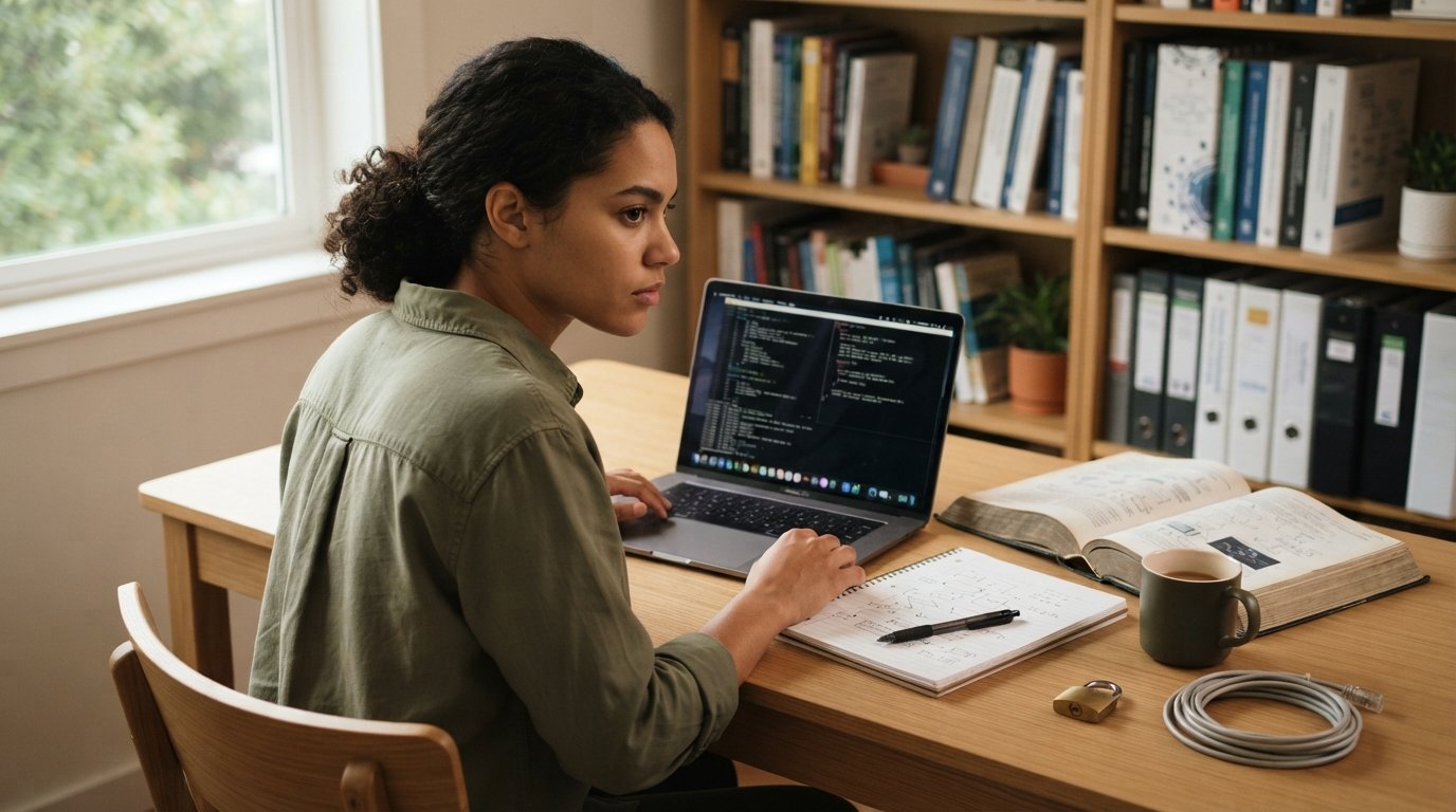 Young adult in button-down shirt studying at a tidy desk with a laptop showing a terminal, a cybersecurity study guide,…