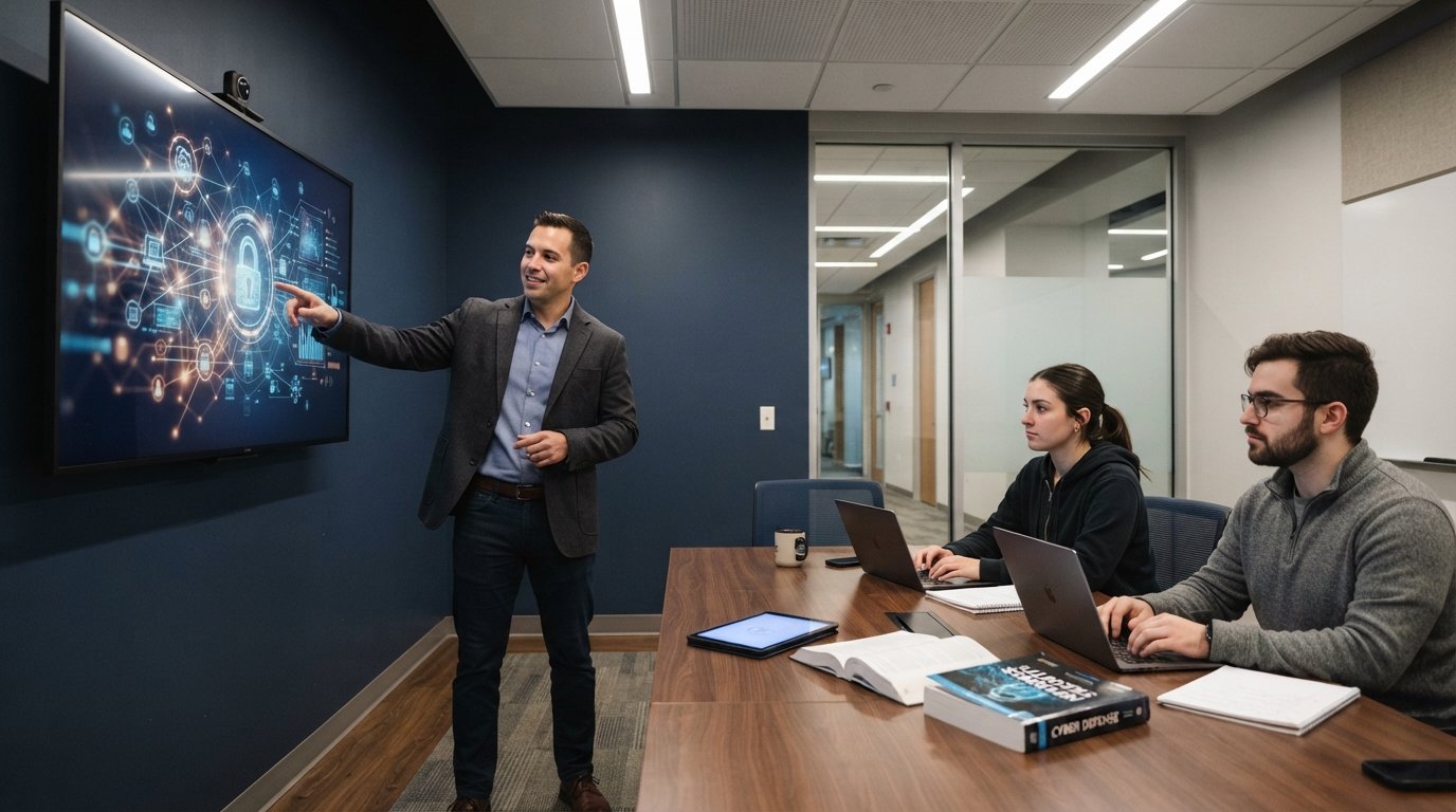 Professional in business casual attire points to a screen showing a network diagram with a padlock icon while two students…