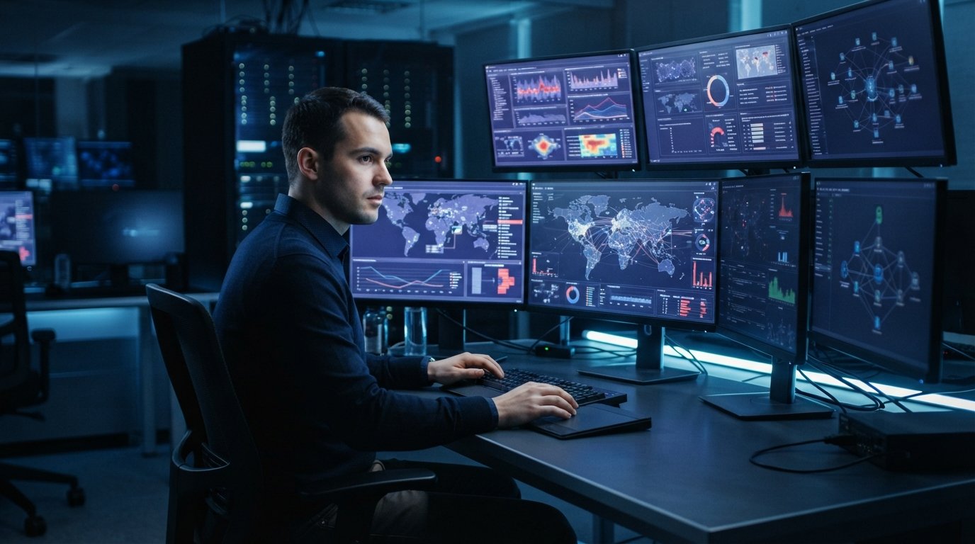 Cybersecurity professional in business casual attire reviewing network maps and data visualizations across multiple…