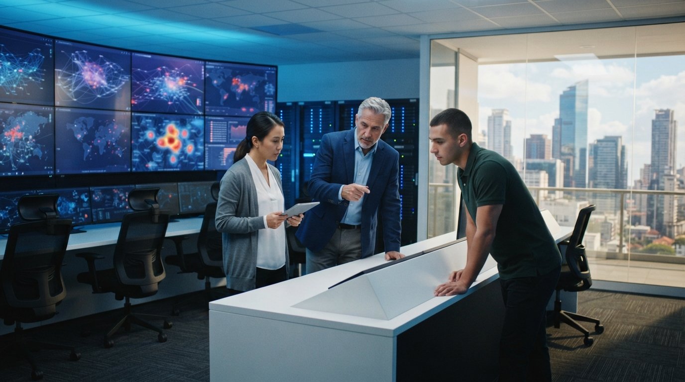 Three cybersecurity professionals in business-casual attire review network graphs and threat data on a large monitor wall…