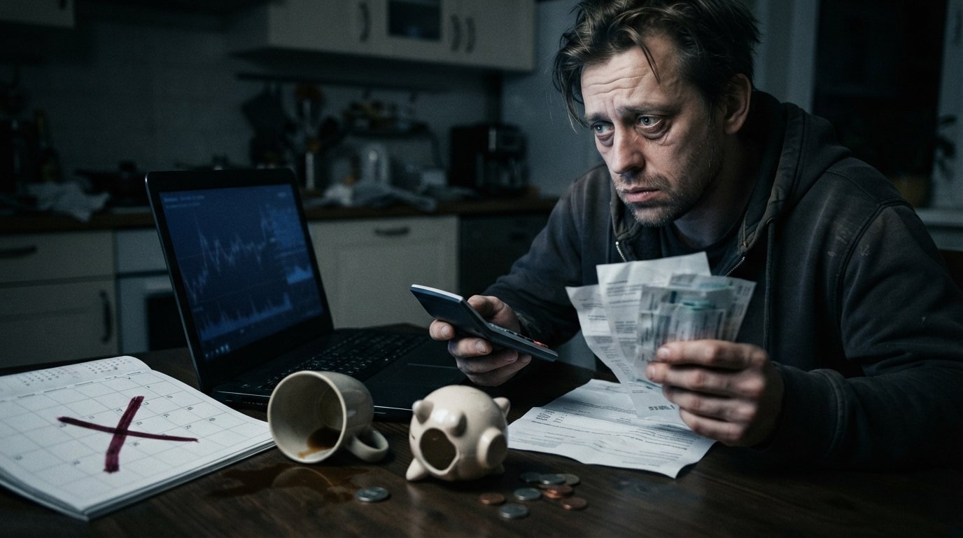 Man in his late 30s at a kitchen table at night, holding a calculator and bills, with an empty piggy bank and loan papers…