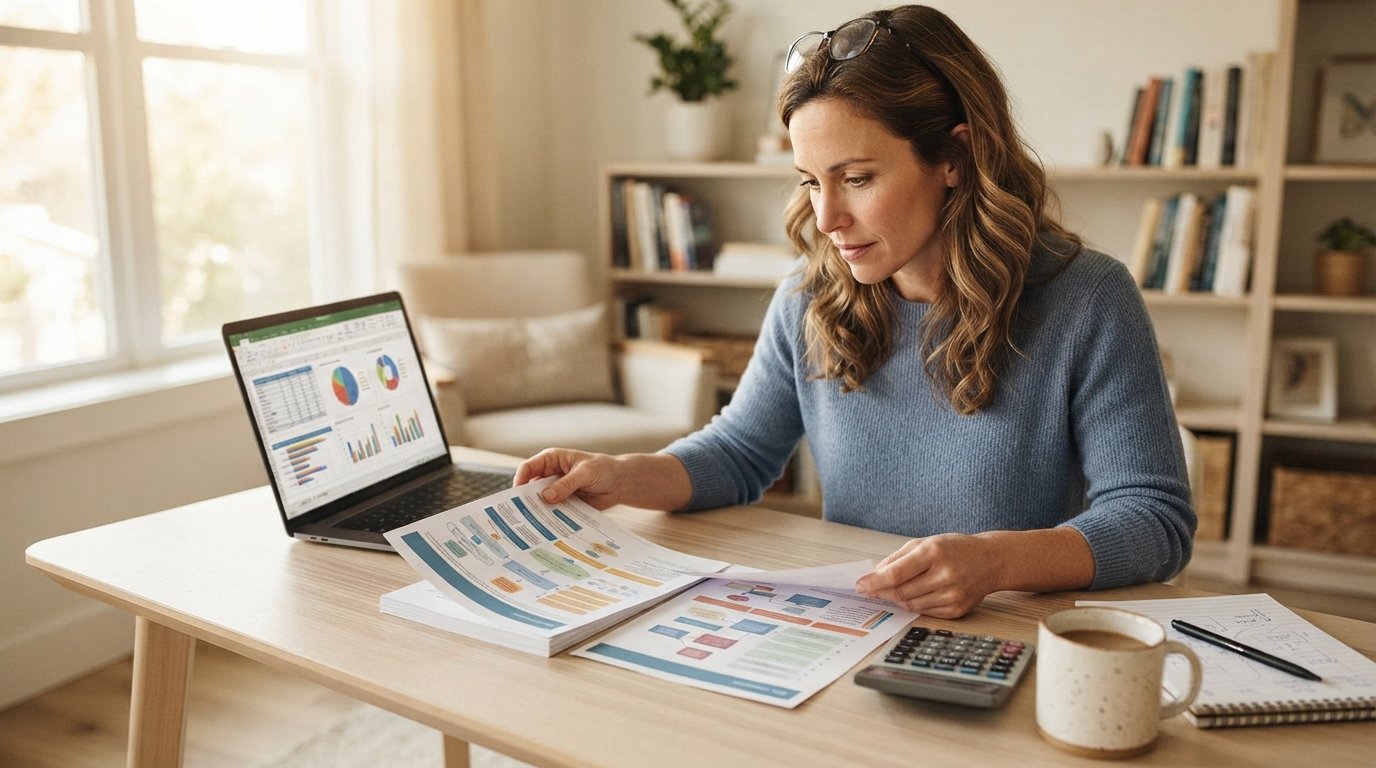 Adult at a home desk with a laptop showing colorful data charts, comparing two printed documents beside a calculator,…