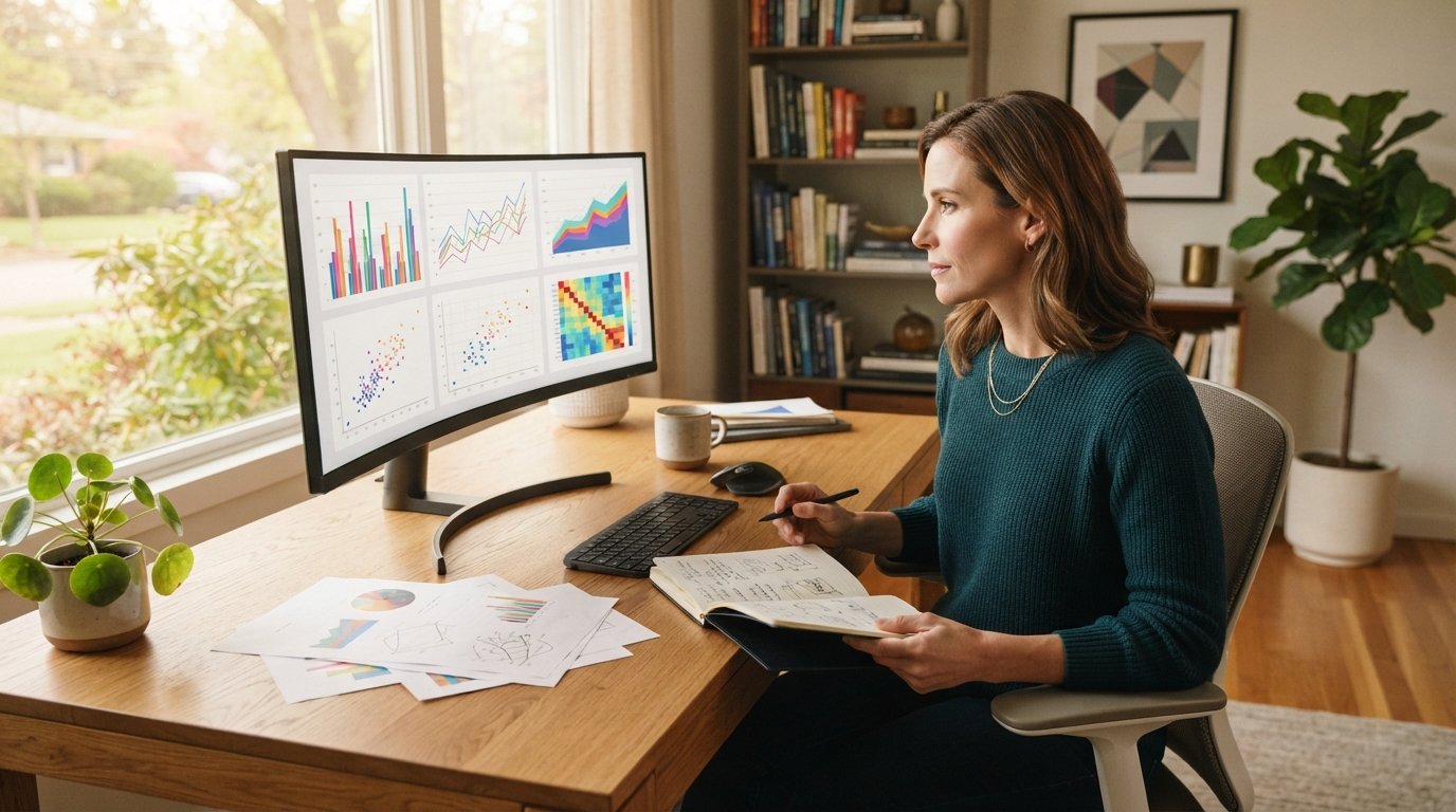 Mid-career professional in business-casual attire studies charts and graphs on a large monitor in a sunlit home office