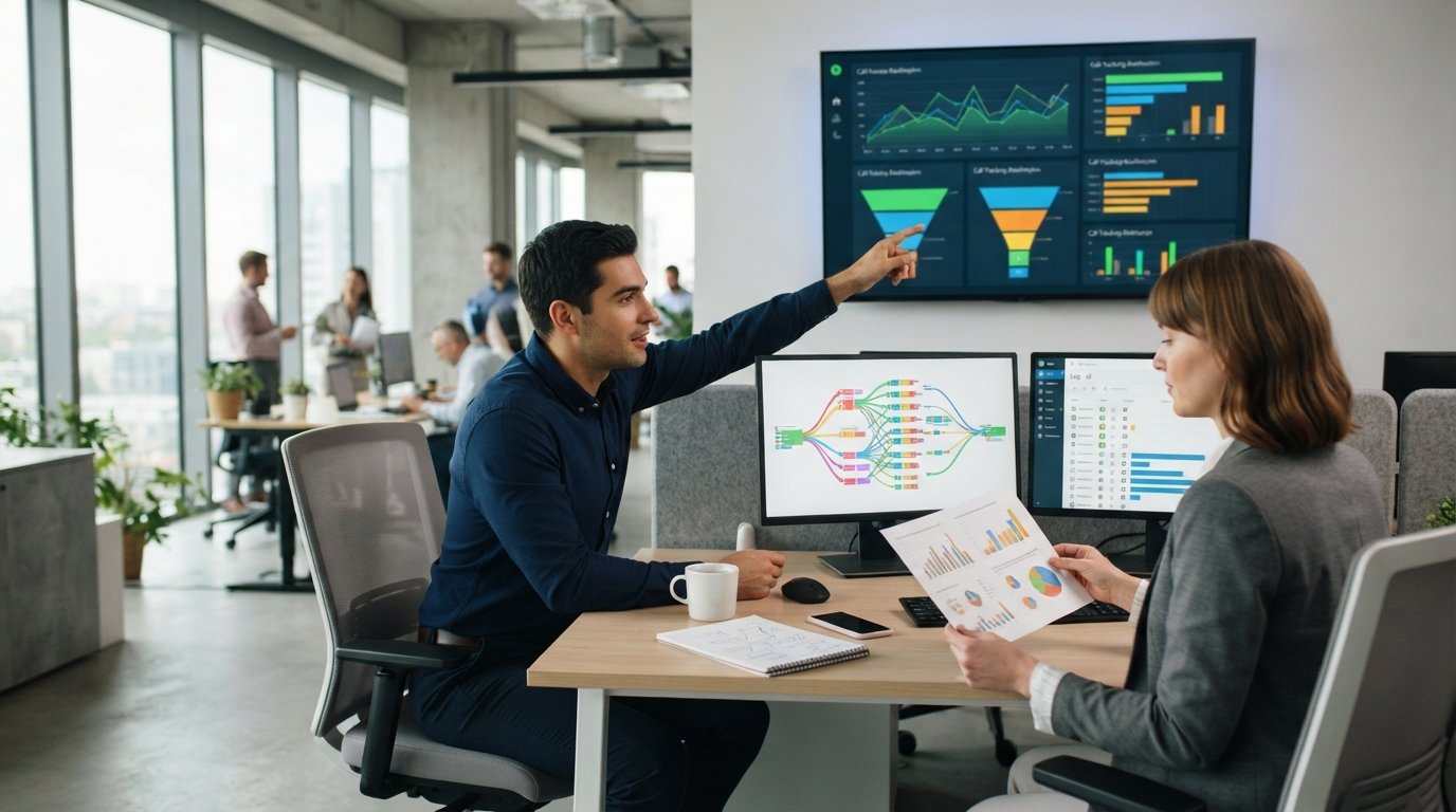 Analyst in navy shirt points at wall-mounted monitor with line graphs and funnel charts while a colleague reviews printed…