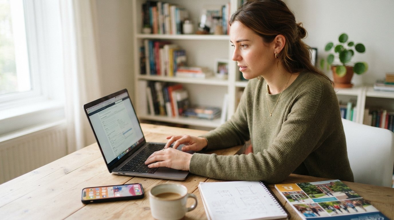 Young woman at a wooden desk pauses while filling out an online form on her laptop, phone beside her showing email…