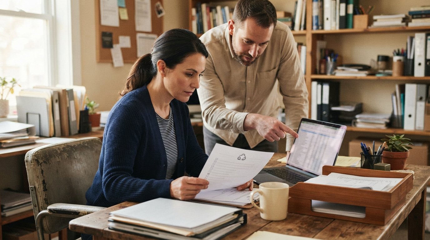 Two people at a wooden desk review a printed checklist; one points at a laptop with blurred spreadsheet rows, surrounded by…