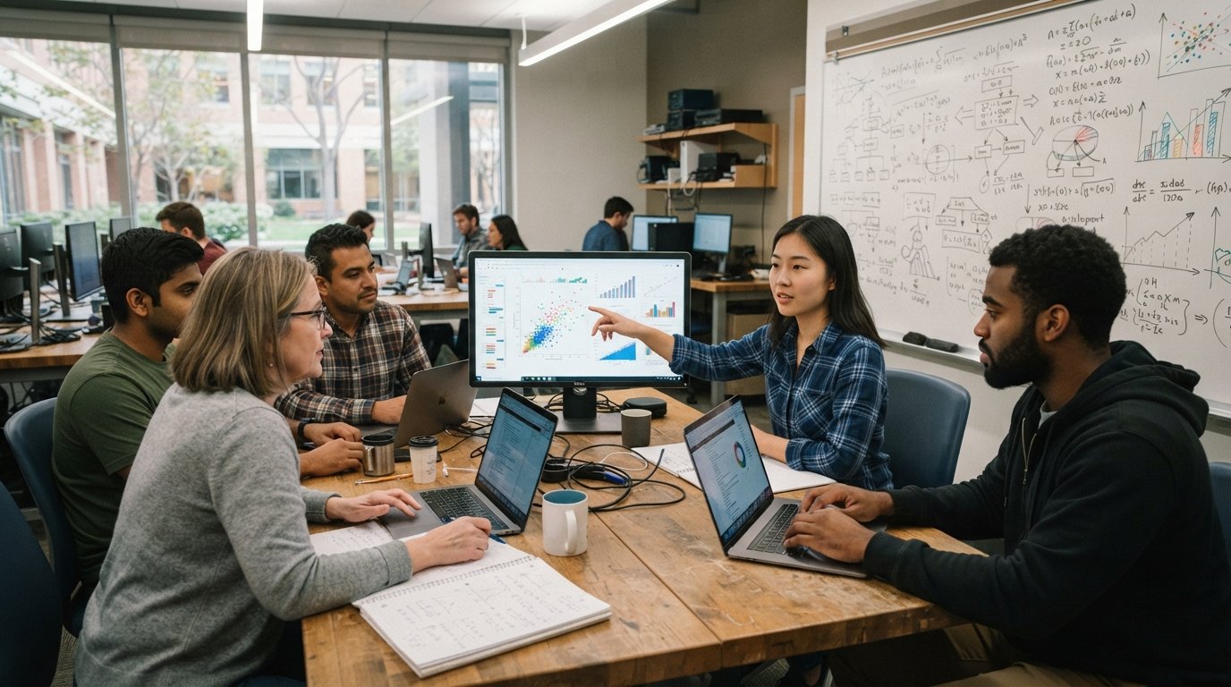 Students of various ages work together around a table in a computer lab, pointing at a monitor displaying colorful data…