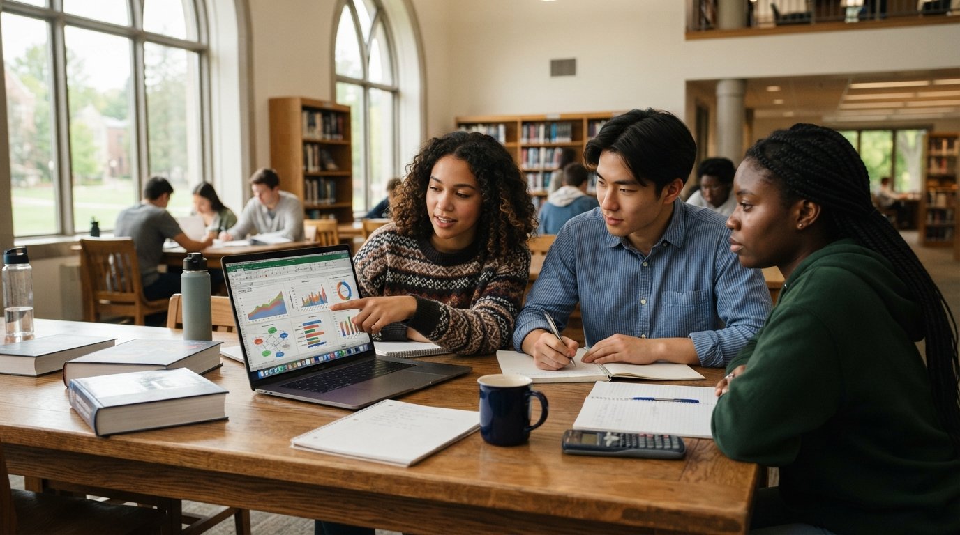 Three college students gather around a laptop in a sunlit library, one pointing at data charts on screen while another…