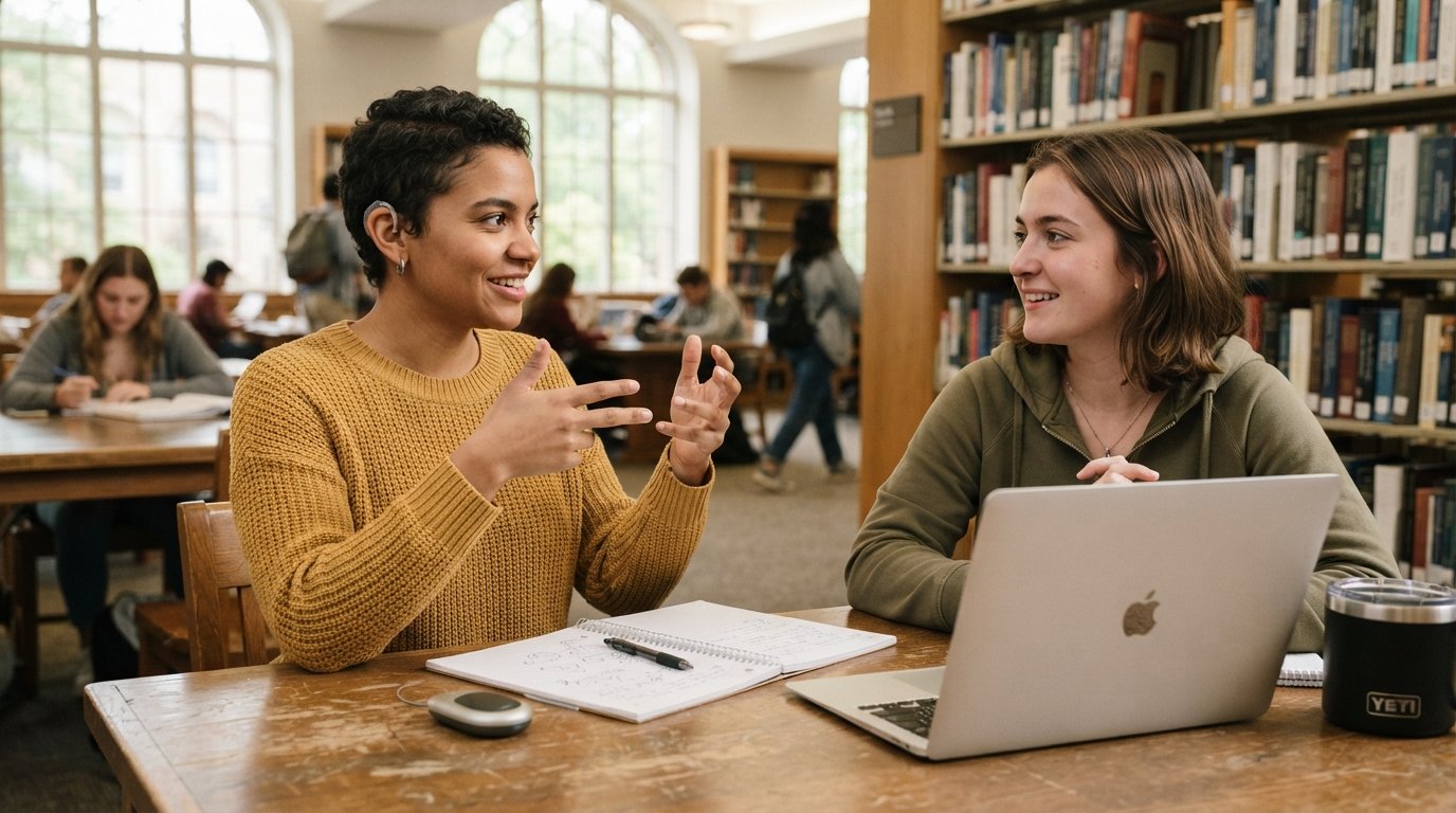 Two college students at a library table, one signing with focused expression beside a laptop, notebooks, and a small…