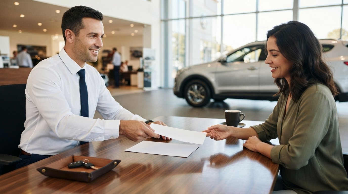 Car salesperson in white shirt and tie slides two paper documents across a wooden desk to a seated customer in a dealership…
