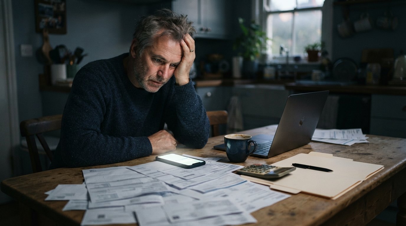 Worried man at a kitchen table covered with medical invoices, holding his head while a phone lights up beside a laptop and…