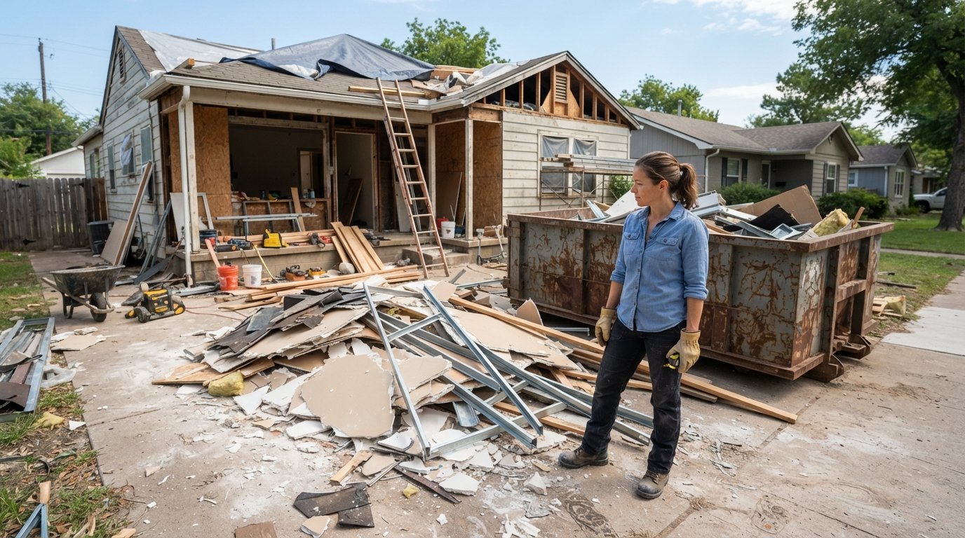Homeowner in work gloves stands on a concrete driveway beside a metal dumpster filled with construction waste, with broken…