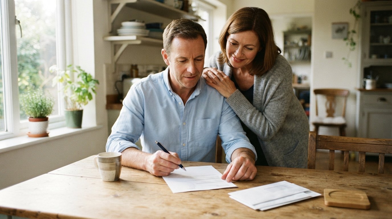 Man in light blue shirt reviewing a payment plan document at a kitchen table with a woman looking over his shoulder