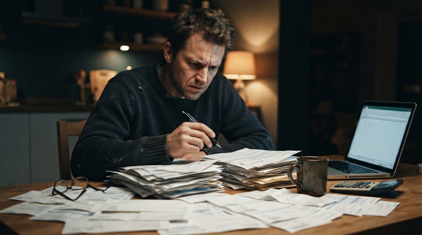 Stressed adult at a kitchen table at night with scattered bills, credit card statements, a calculator, laptop, and two…