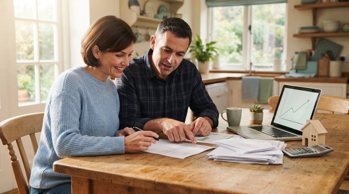 Couple at a sunlit kitchen table reviewing a loan statement beside a stack of paid bills, laptop, calculator, and model house