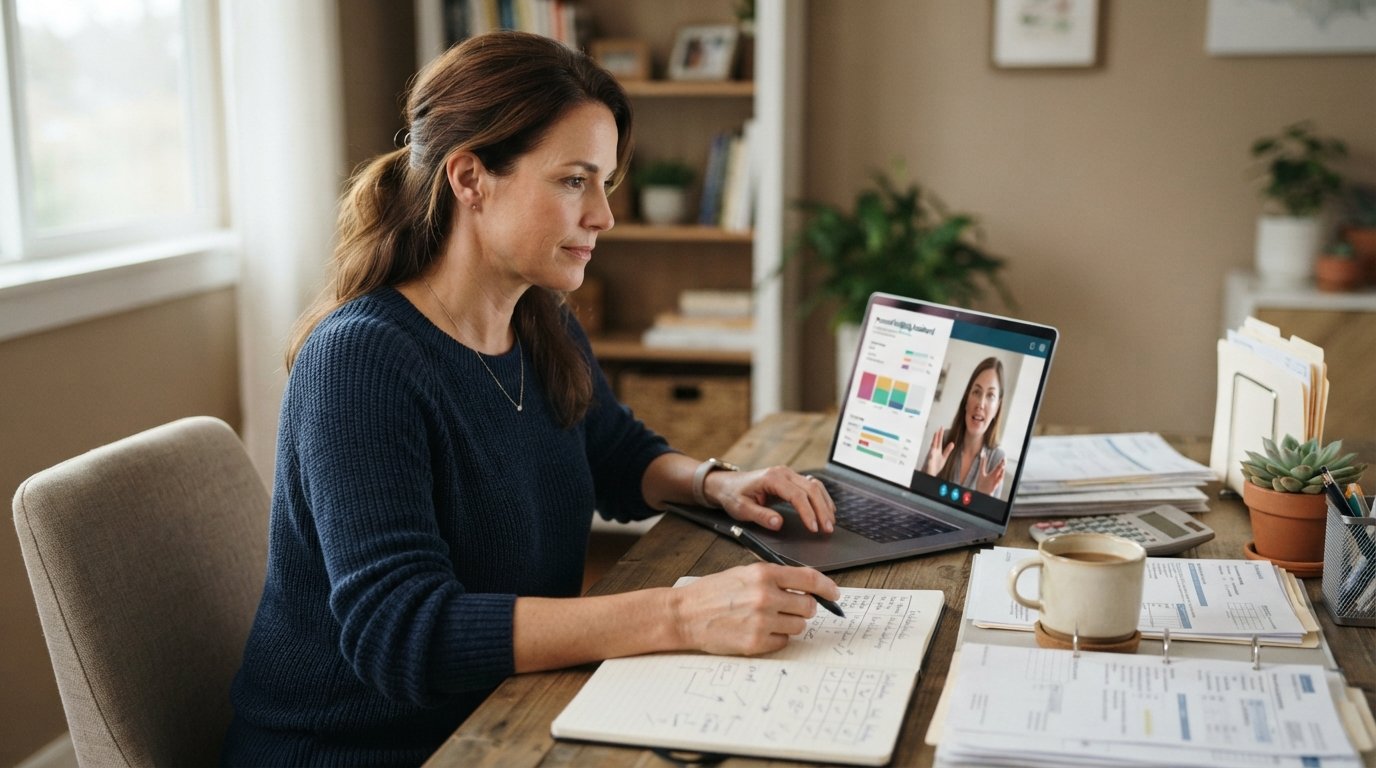 Mid-40s adult at a home office desk comparing a budgeting app payoff chart and a call with a financial specialist on a…