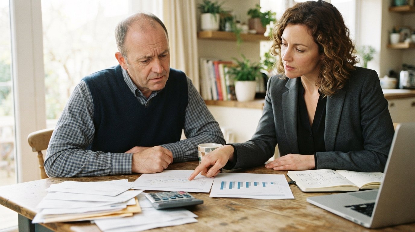 Financial counselor in a blazer points to two documents while a worried man sits at a kitchen table with unpaid bills, a…