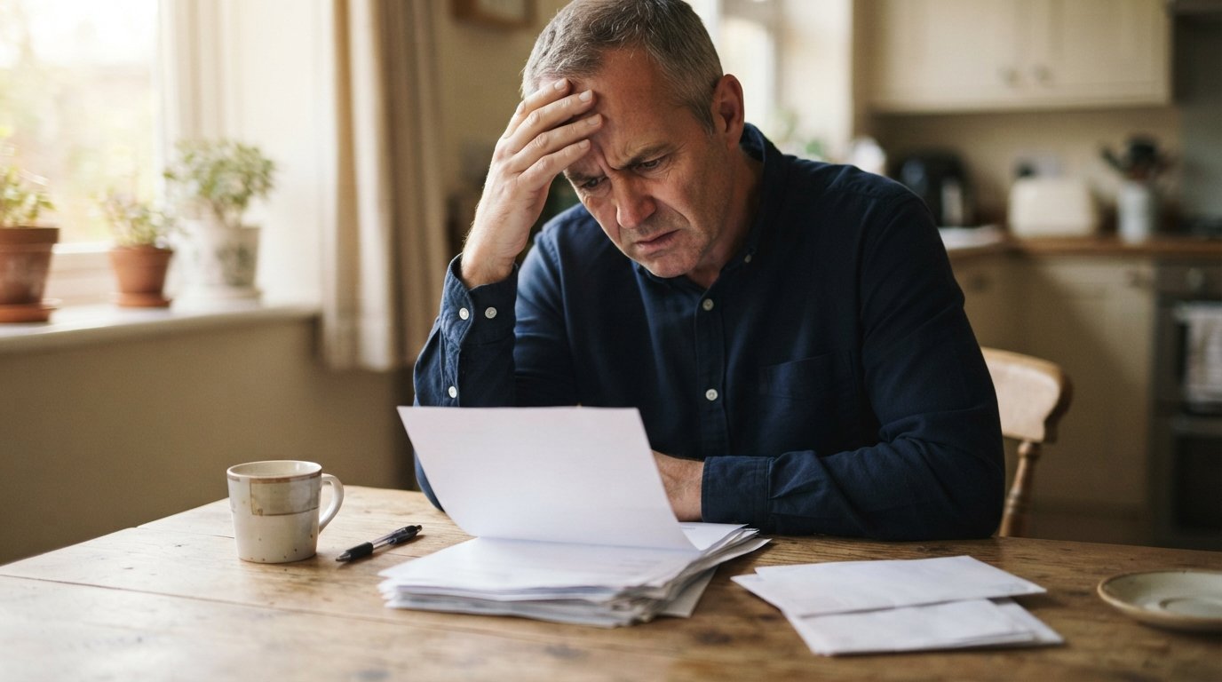 Worried middle-aged man in a navy shirt at a kitchen table, hand to his forehead, looking at a document beside a pen,…