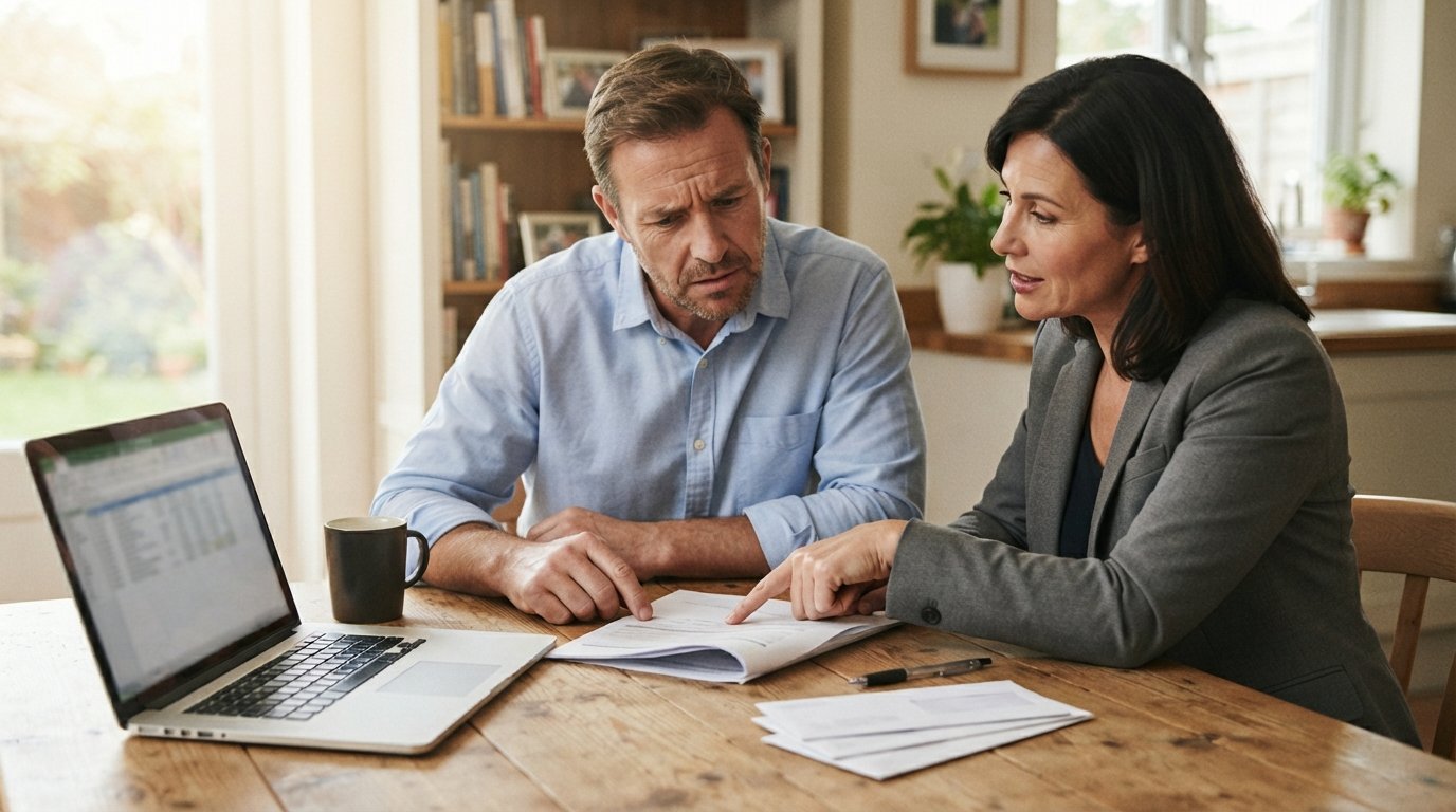Man in blue shirt reviewing a printed credit report with a financial advisor pointing at the document beside a laptop,…