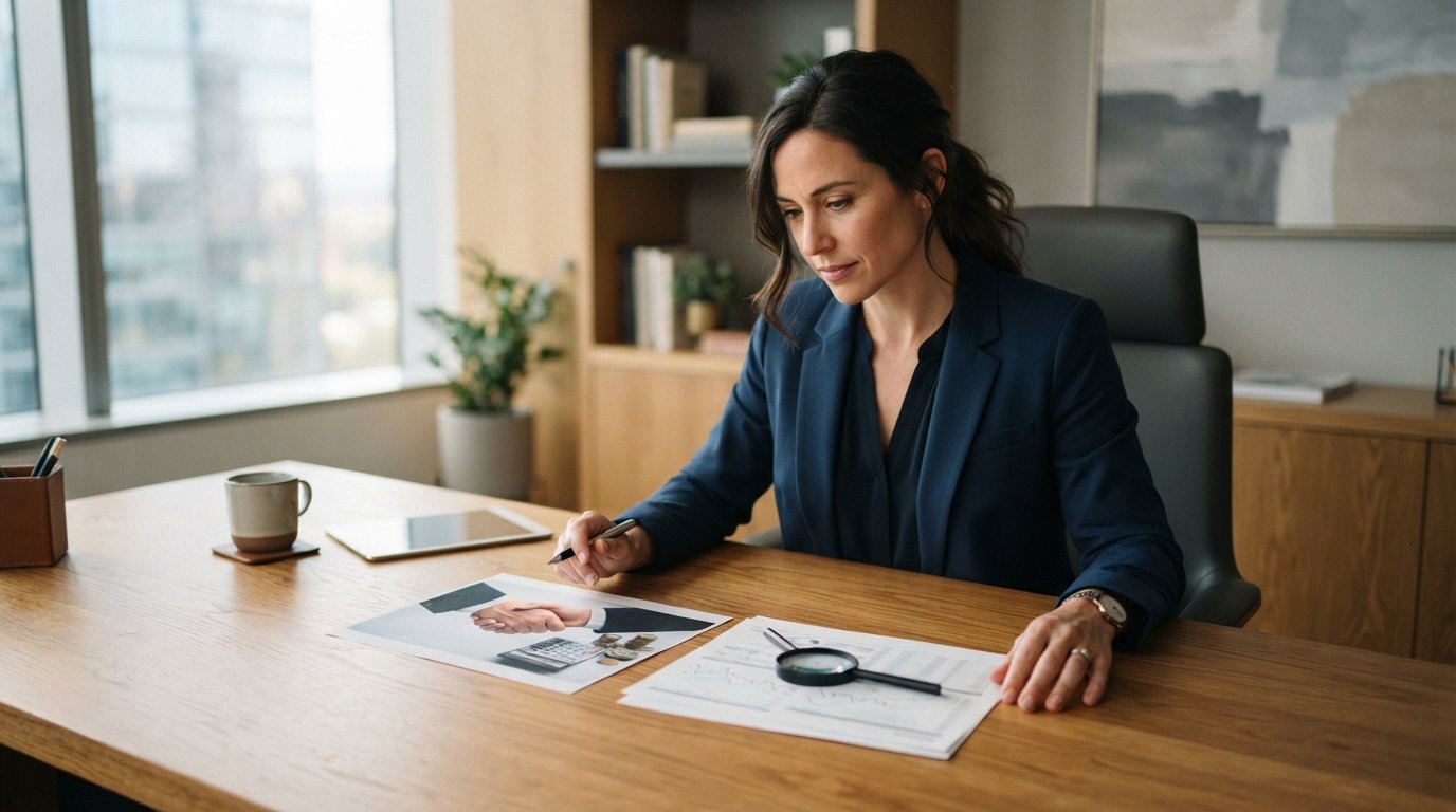 Financial advisor in navy blazer reviewing two documents at a wooden desk, one with a handshake and coins, the other with a…