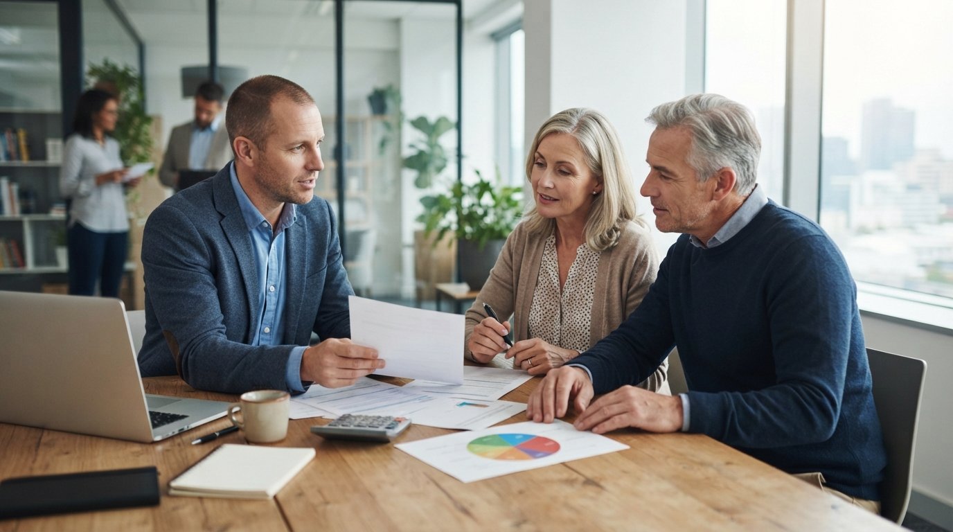 Financial advisor and a couple in business-casual attire review papers at a wooden desk, with a calculator and a pie chart…