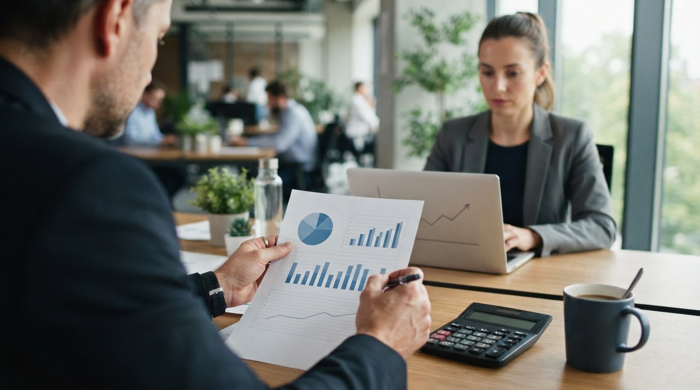 Mortgage underwriter reviewing printed financial charts with a calculator and pen at a desk while an advisor works on a…