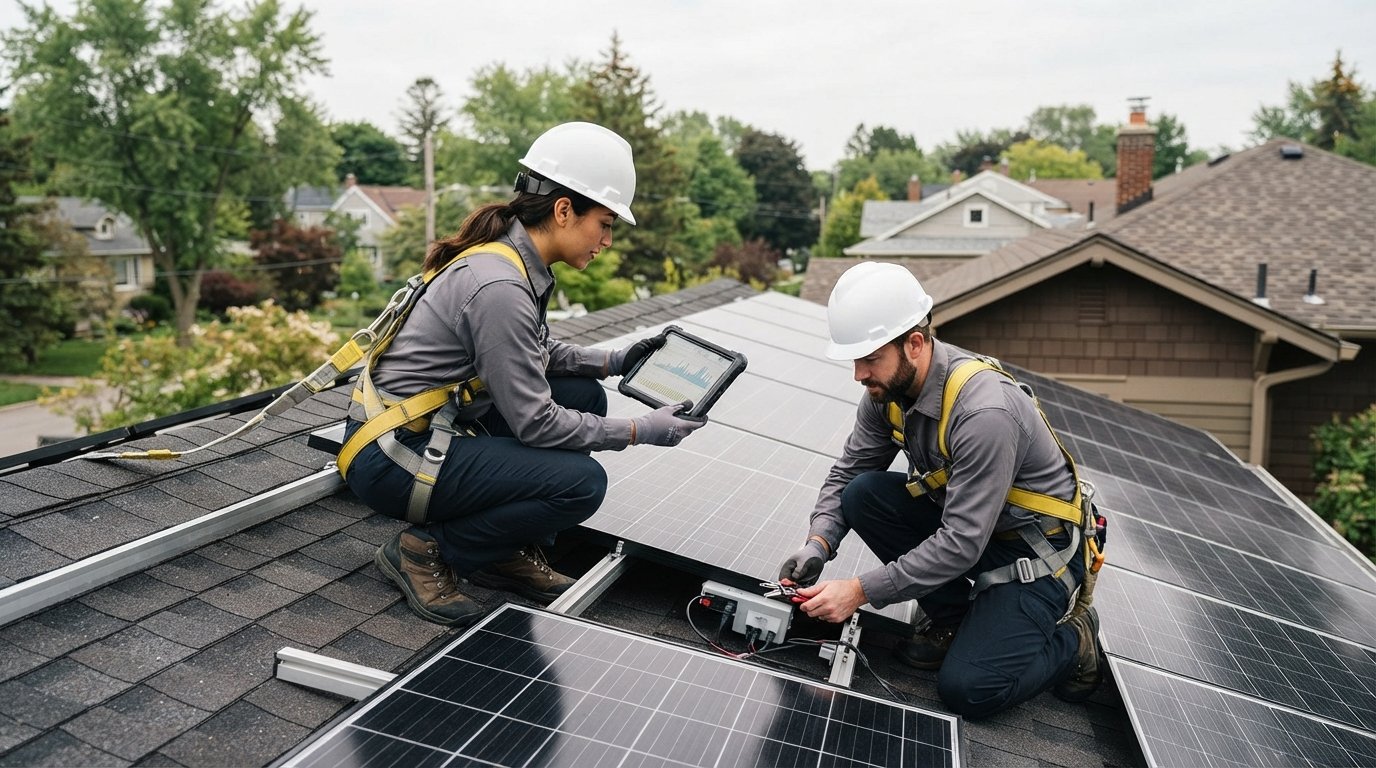 Two technicians in hard hats and safety harnesses inspect rooftop solar panels, one holding a tablet with energy graphs,…