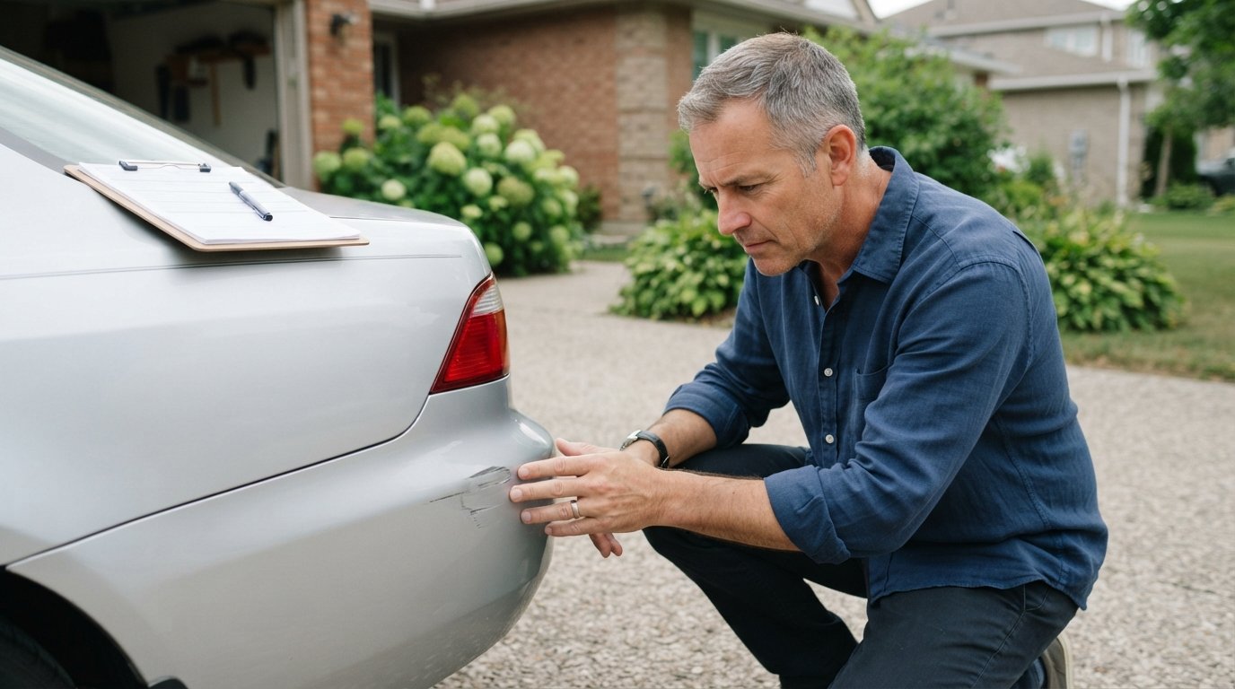 Middle-aged driver in a blue shirt kneeling beside a silver sedan in a driveway, examining a minor scrape on the rear…