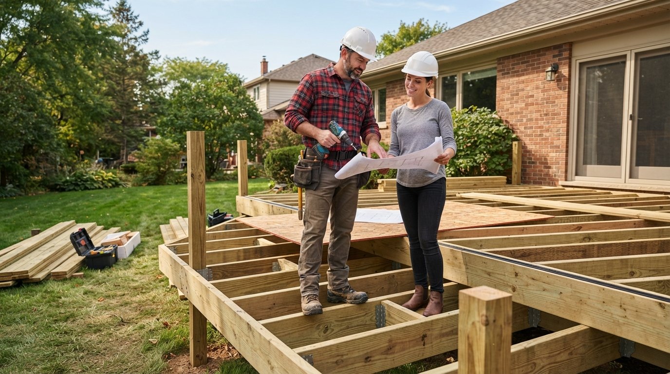 Deck contractor in a plaid shirt and hard hat talks with a homeowner while holding a cordless drill on a partially built…