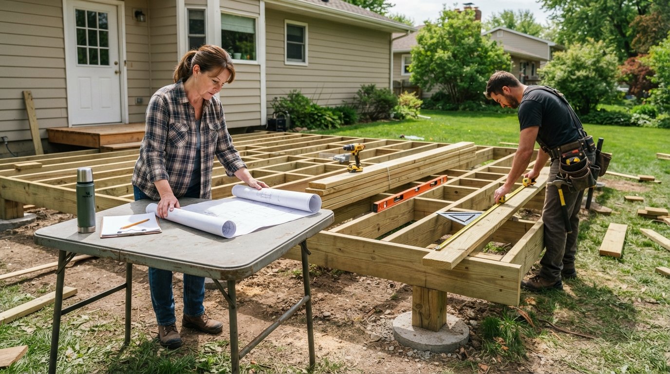 Homeowner reviewing blueprints at a folding table beside a partially built wooden deck frame while a contractor measures…