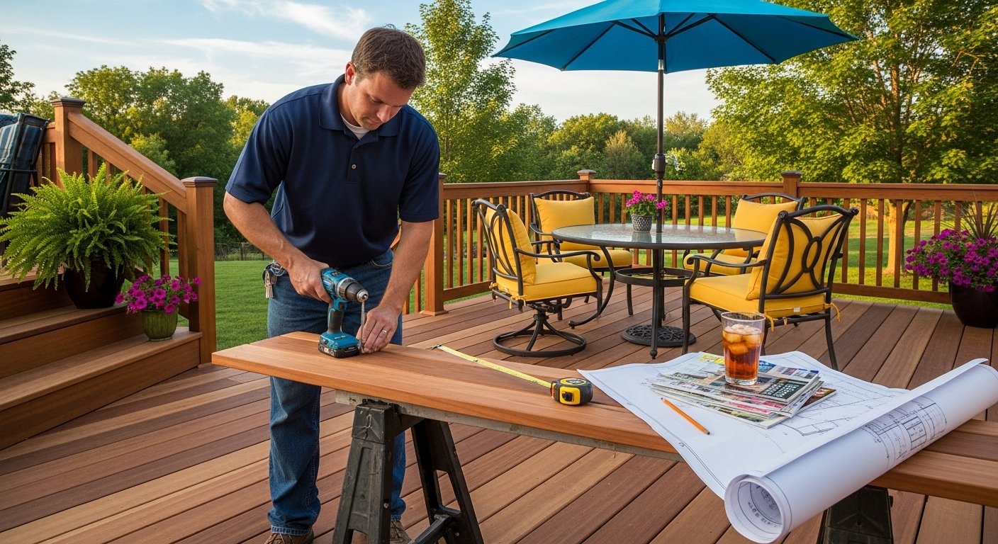 Contractor in navy polo and work gloves drills a wooden plank into a new cedar deck, with patio furniture and umbrella nearby