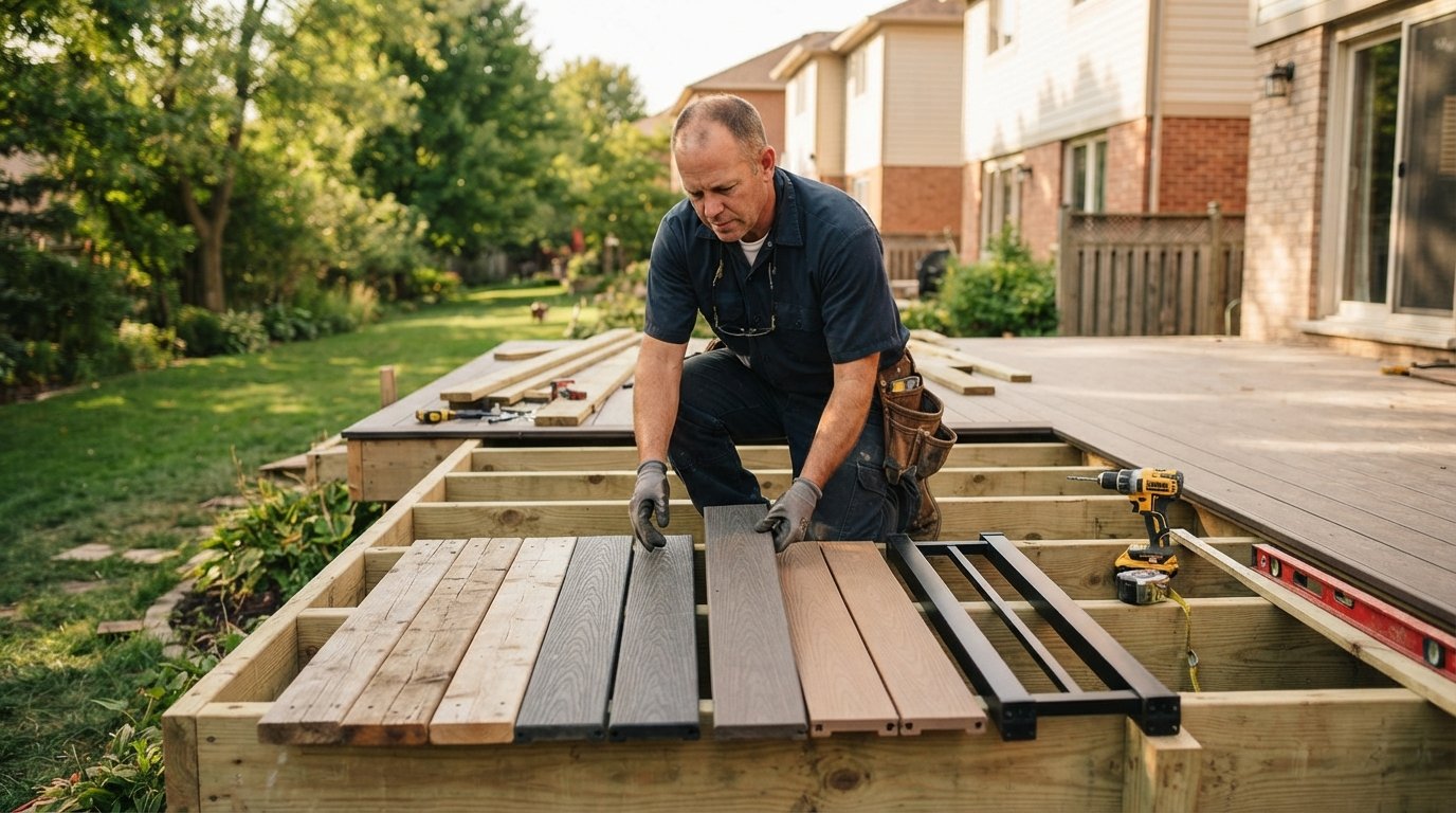 Contractor kneeling on a partially built deck, comparing wood, composite, PVC, and aluminum decking samples laid side by…