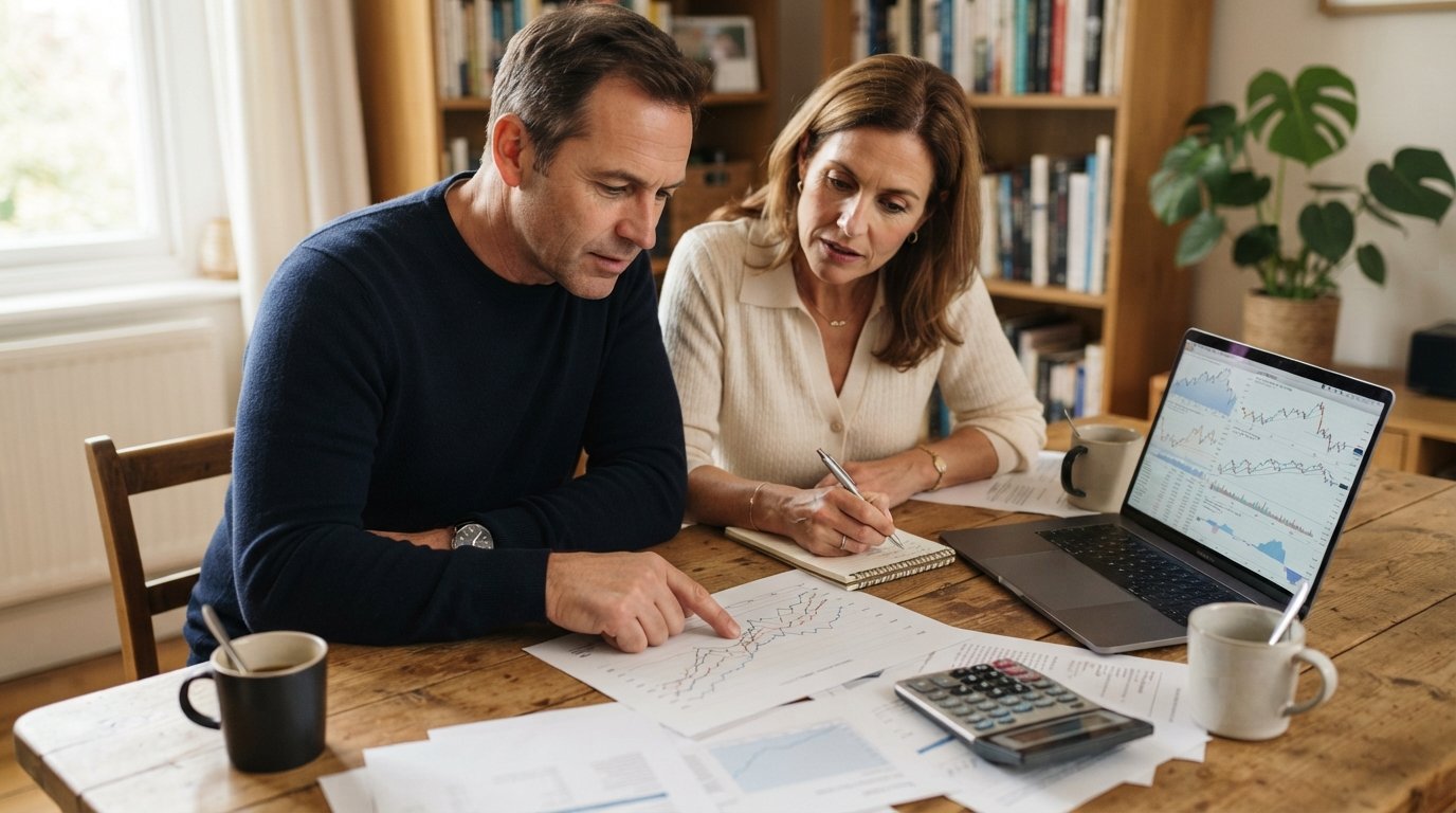 Couple at a wooden table reviewing mortgage rate forecasts, Treasury yield charts, and a laptop with financial graphs, with…