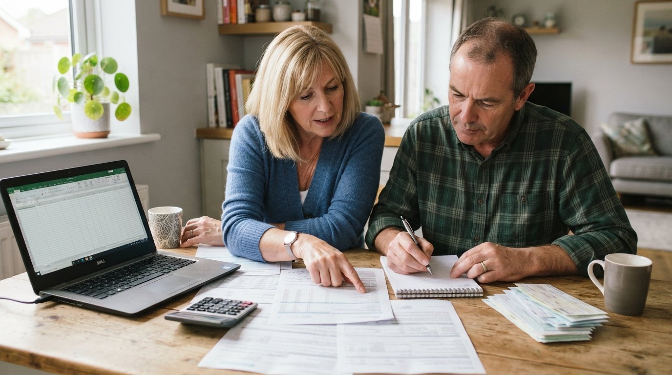 Middle-aged man and woman at a kitchen table reviewing Medicare paperwork with a calculator, laptop, and bills