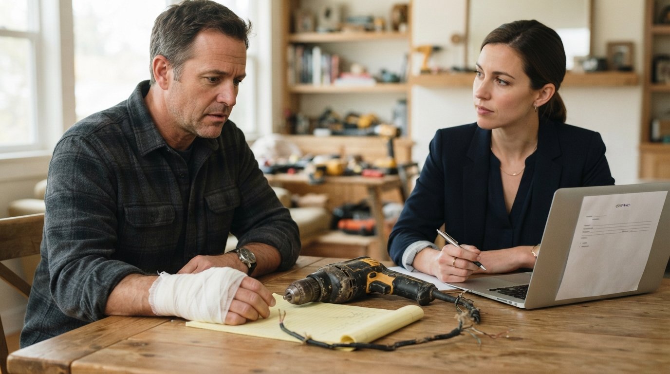 Man with bandaged hand looks at damaged power drill on legal pad while a female consultant holds a pen and laptop across…